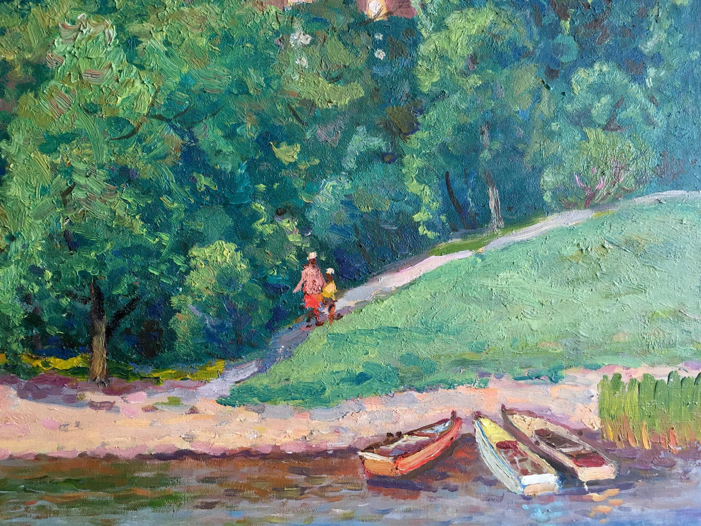 Vibrant Shvets Viktor Alexandrovich oil painting recreation of sunlit riverside scene
