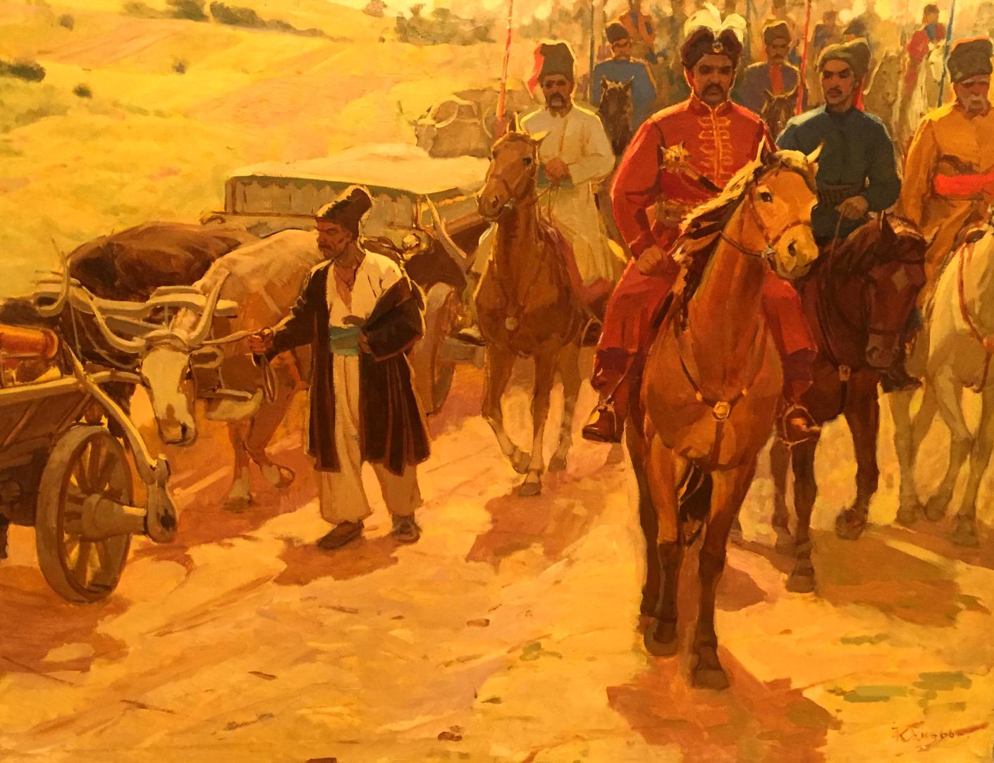 Oil painting by Yukhno Ivan Ivanovich: mounted officer in red uniform and hat