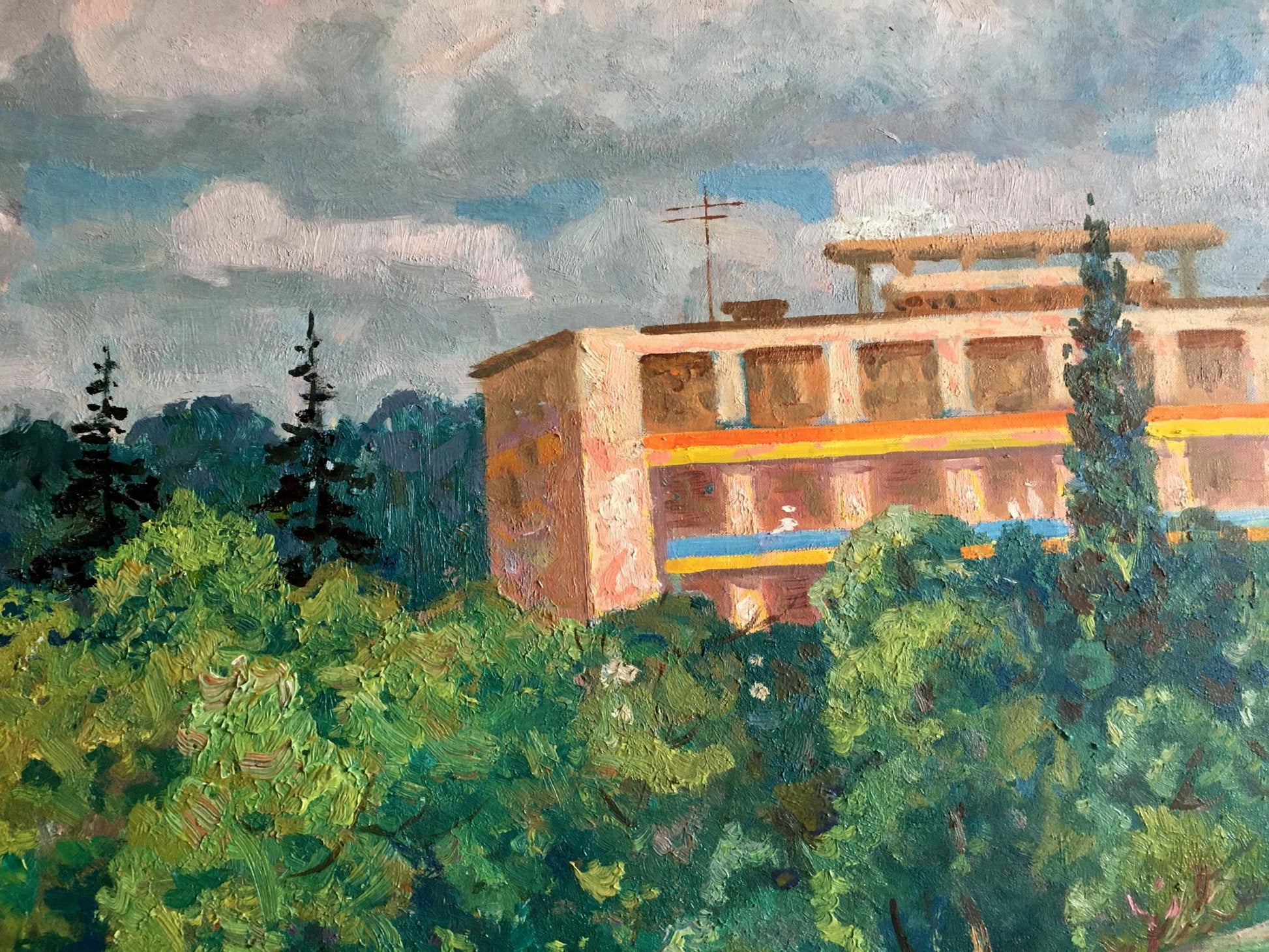 Oil painting recreation by Shvets Viktor Alexandrovich of striped building in foliage
