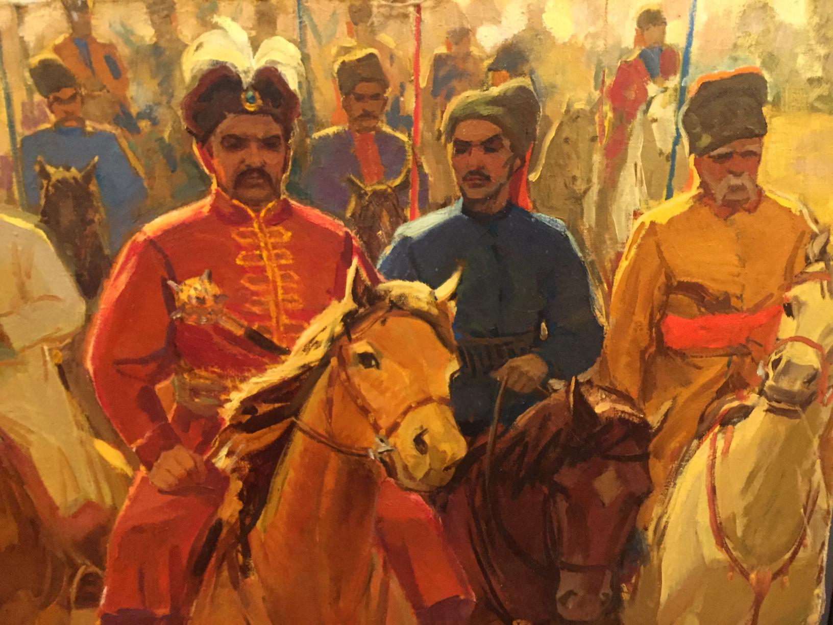 Oil painting by Yukhno Ivan Ivanovich of men in ornate military uniforms on horses