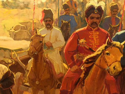 Oil painting of mounted officer in red coat and ornate headdress by Yukhno Ivan Ivanovich