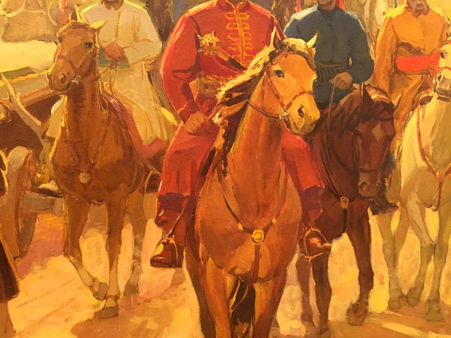 Oil painting by Yukhno Ivan Ivanovich: soldier on golden-brown horse