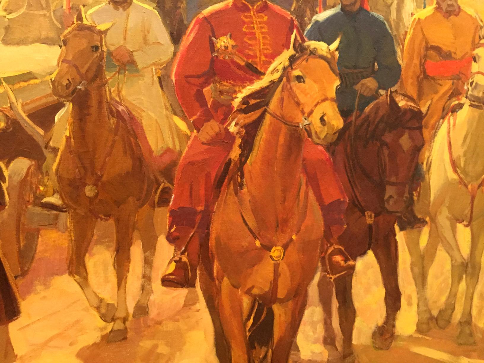 Oil painting by Yukhno Ivan Ivanovich: soldier on golden-brown horse