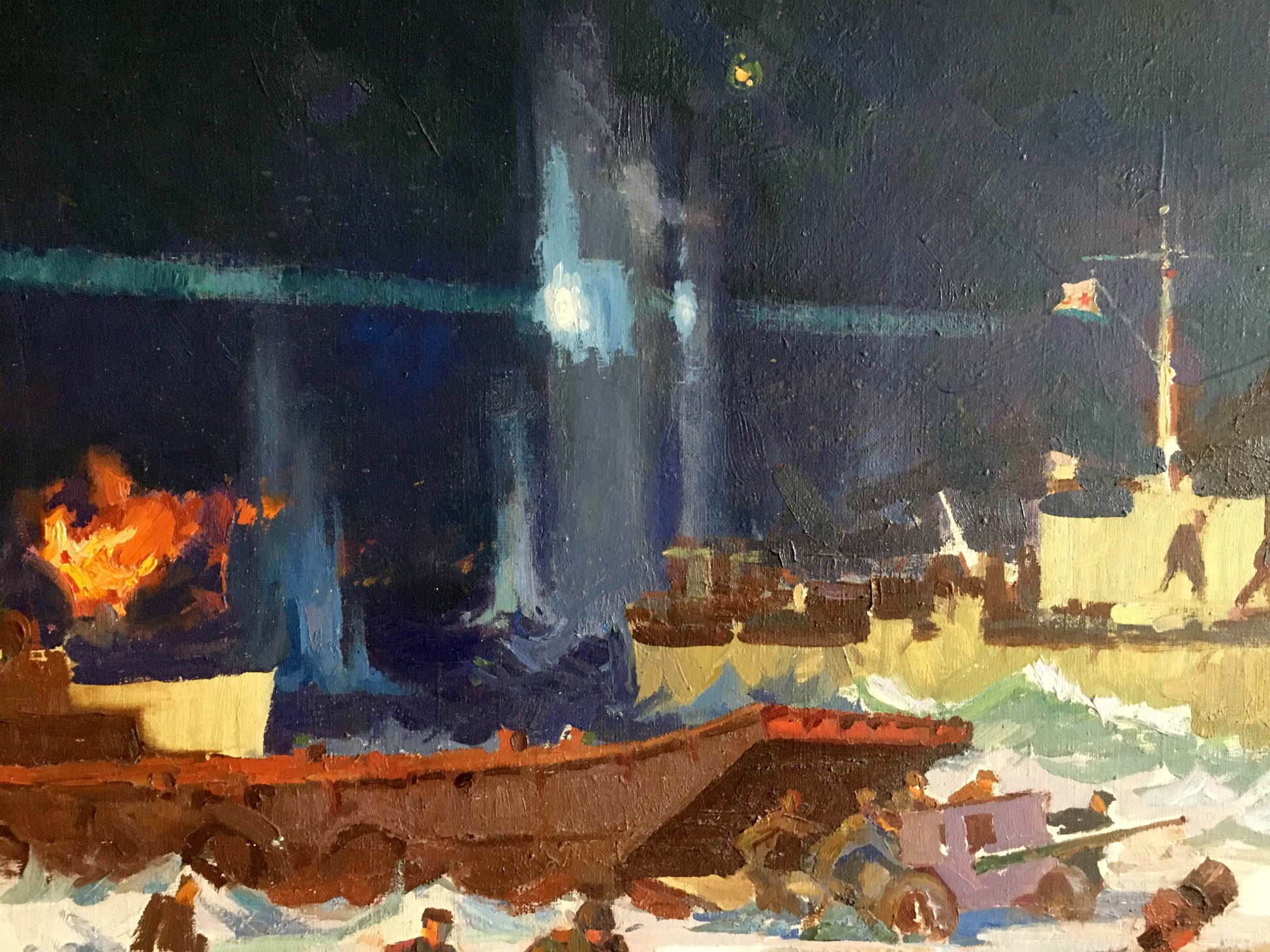 Dramatic nighttime naval battle oil painting by Eltigen Ivan Ivanovich Zakharov