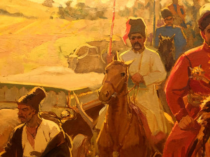 Oil painting by Yukhno Ivan Ivanovich: Immigrants, golden-hued historical mounted men