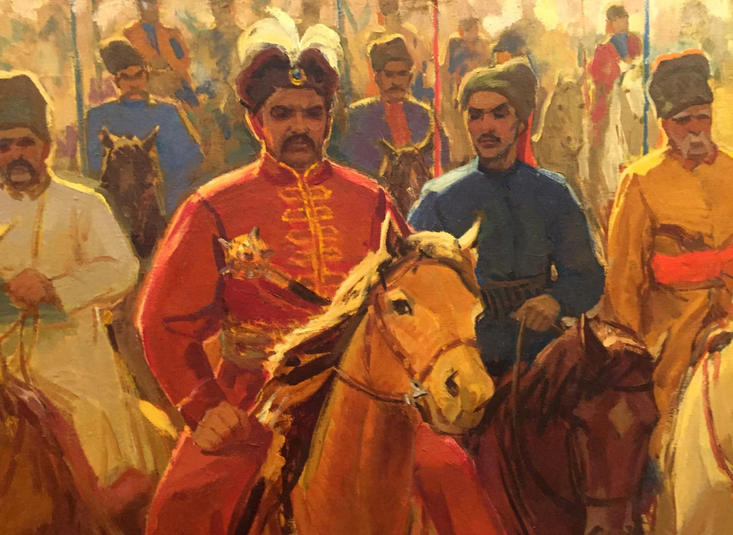 Oil painting by Yukhno Ivan Ivanovich: officer in ornate red uniform on horse