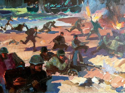 Oil painting Eltigen by Ivan Ivanovich Zakharov: soldiers in combat
