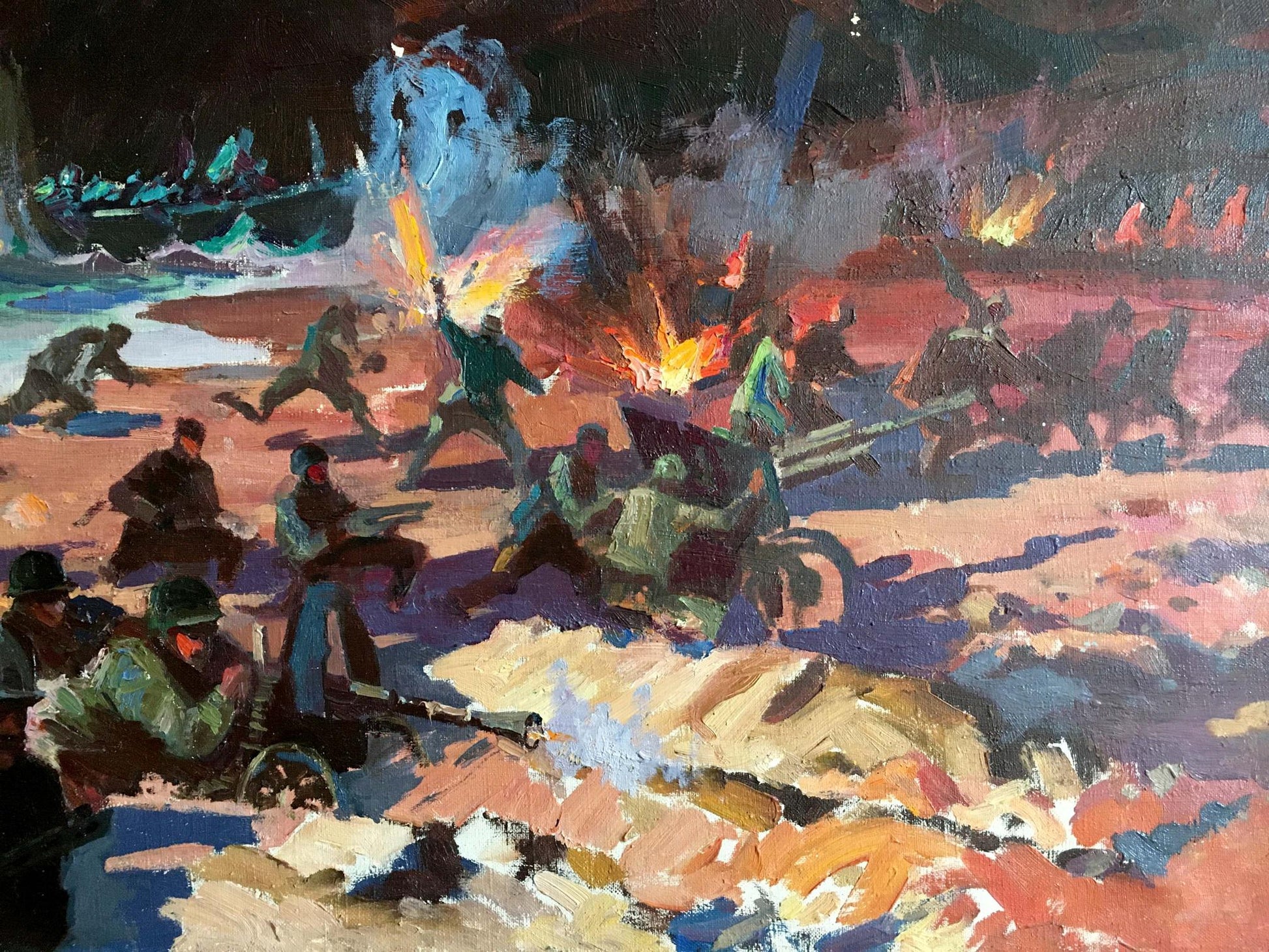 Vibrant oil painting by Eltigen Ivan Ivanovich Zakharov: chaotic battlefield scene