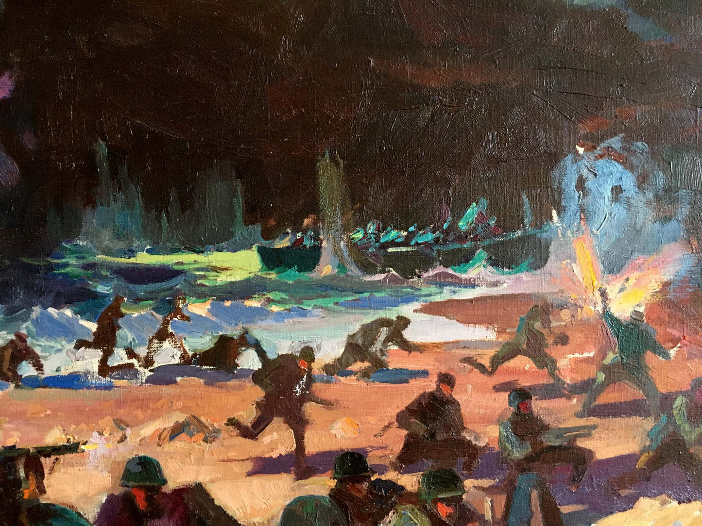 Dramatic oil painting by Eltigen Ivan Ivanovich Zakharov of soldiers advancing on chaotic battlefield
