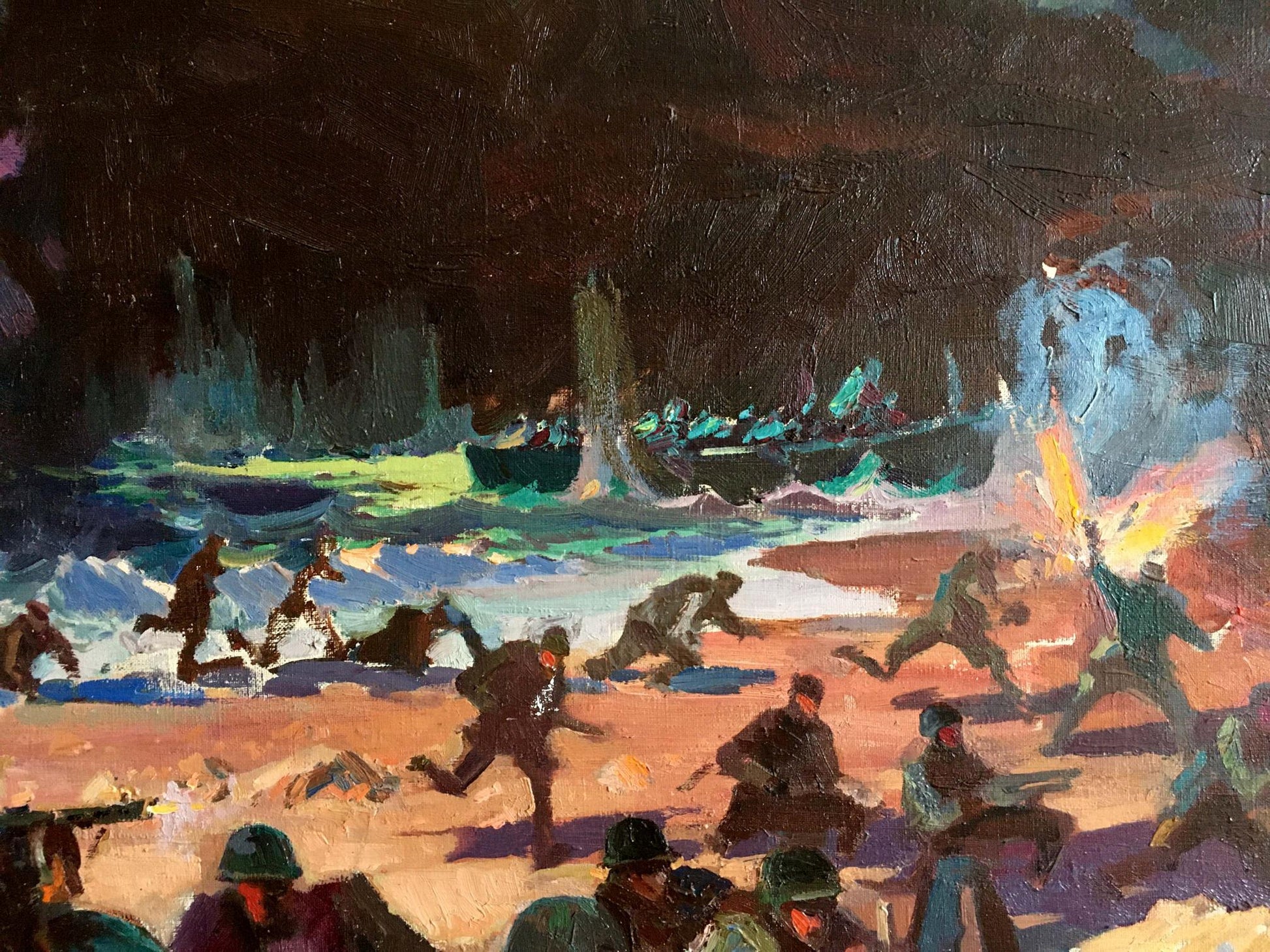 Dramatic oil painting by Eltigen Ivan Ivanovich Zakharov of soldiers advancing on chaotic battlefield
