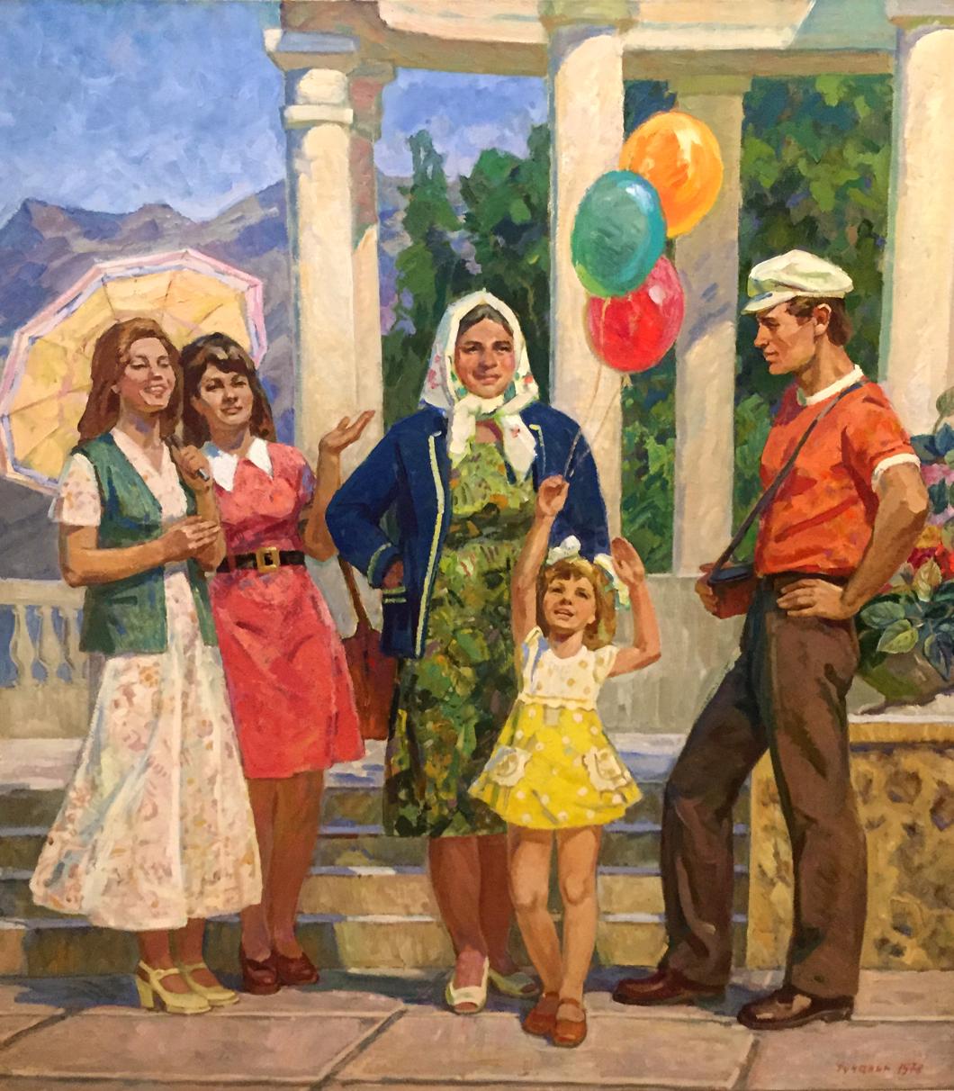 Oil painting by Chuchalin M.I.: Woman in blue jacket holds childs hand