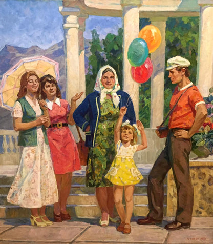 Oil painting by Chuchalin M.I.: Woman in blue jacket holds childs hand