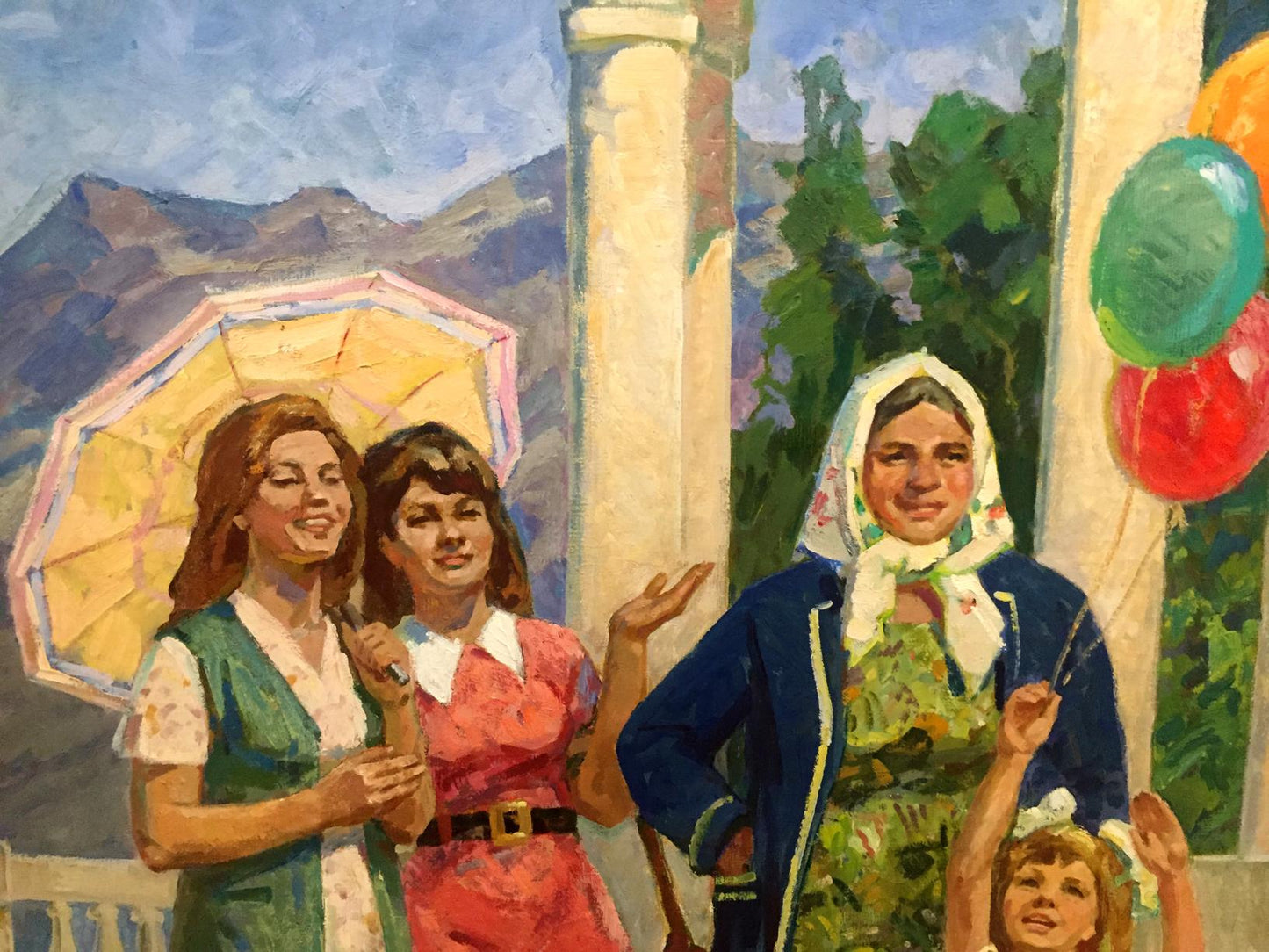 Oil painting by Chuchalin M.I.: Woman in blue coat, headscarf beside two women with umbrella