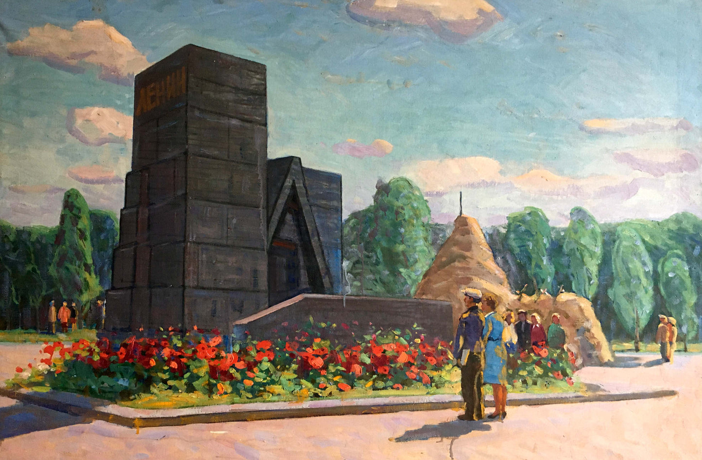 Oil painting of dark Tyukha monument by Ivan Andreevich against bright sky
