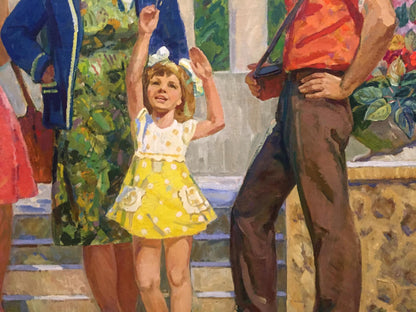 Oil painting of cheerful girl in yellow polka dot dress by Chuchalin M.I