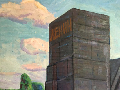 Oil painting At the monument Tyukha Ivan Andreevich: weathered brown container with orange Cyrillic lettering