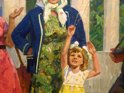Oil painting of cheerful girl in yellow polka-dot dress by Chuchalin M.I