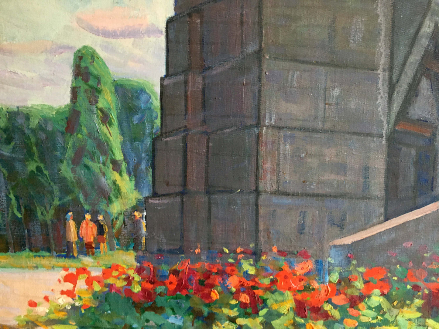 Oil painting At the monument Tyukha Ivan Andreevich: tall stone tower by red poppies