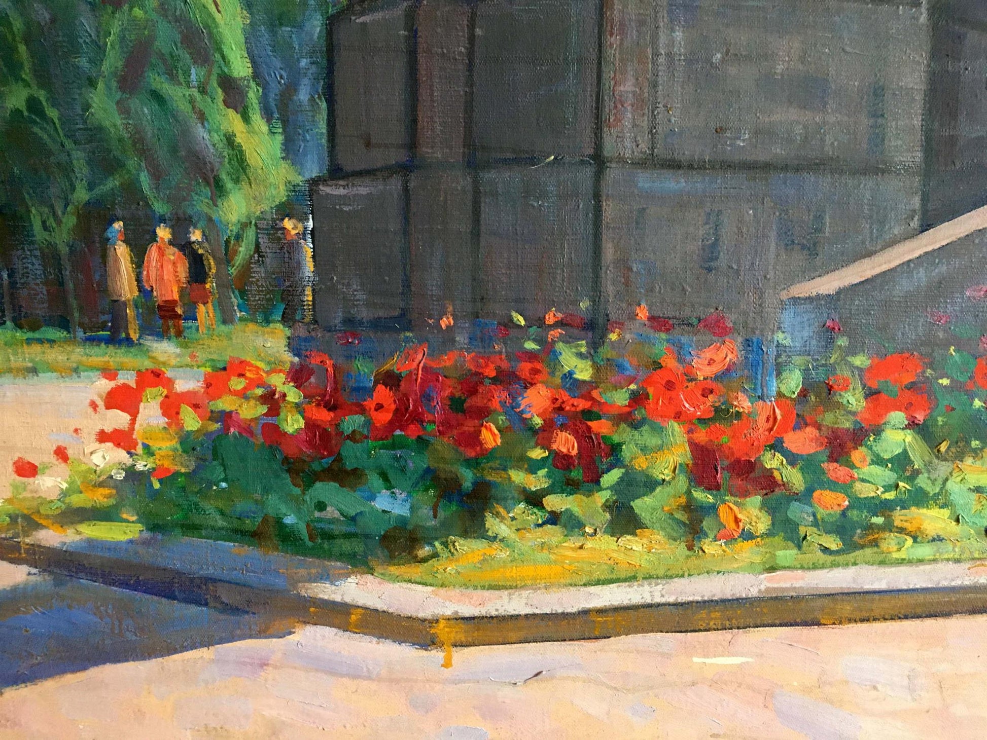 Oil painting At the monument Tyukha Ivan Andreevich: vibrant red orange poppies, green foliage