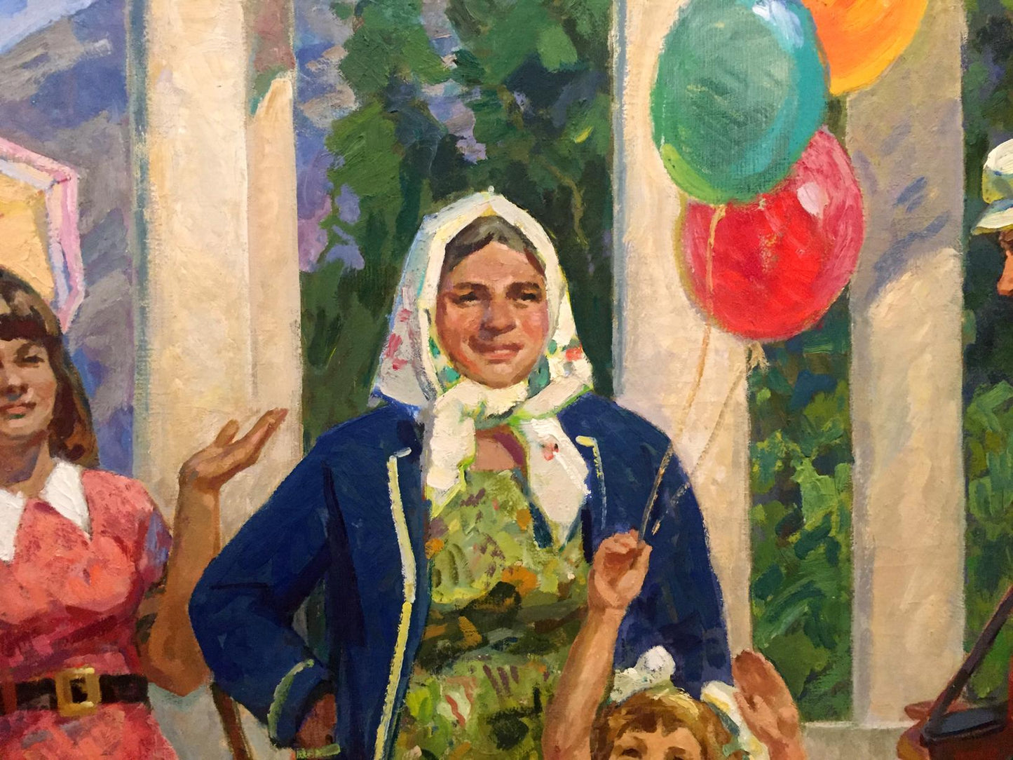 Oil painting of smiling woman in blue coat and headscarf holding balloons by Chuchalin M.I