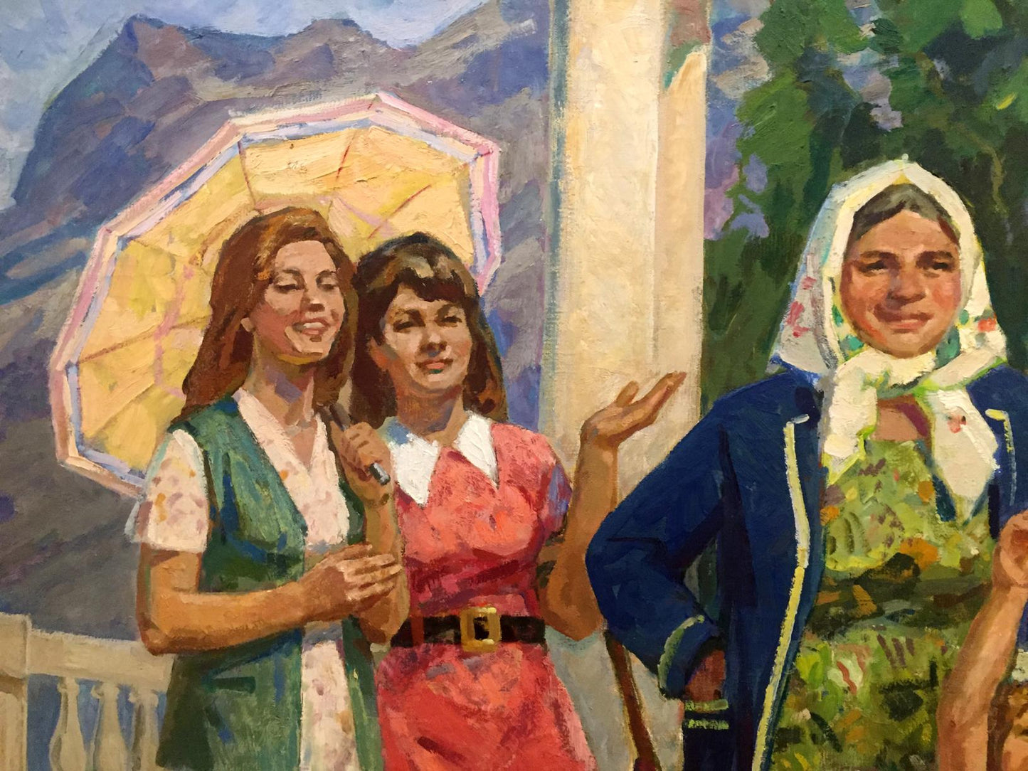 Oil painting Daughters birthday by Chuchalin MI: woman holds yellow umbrella with pink trim
