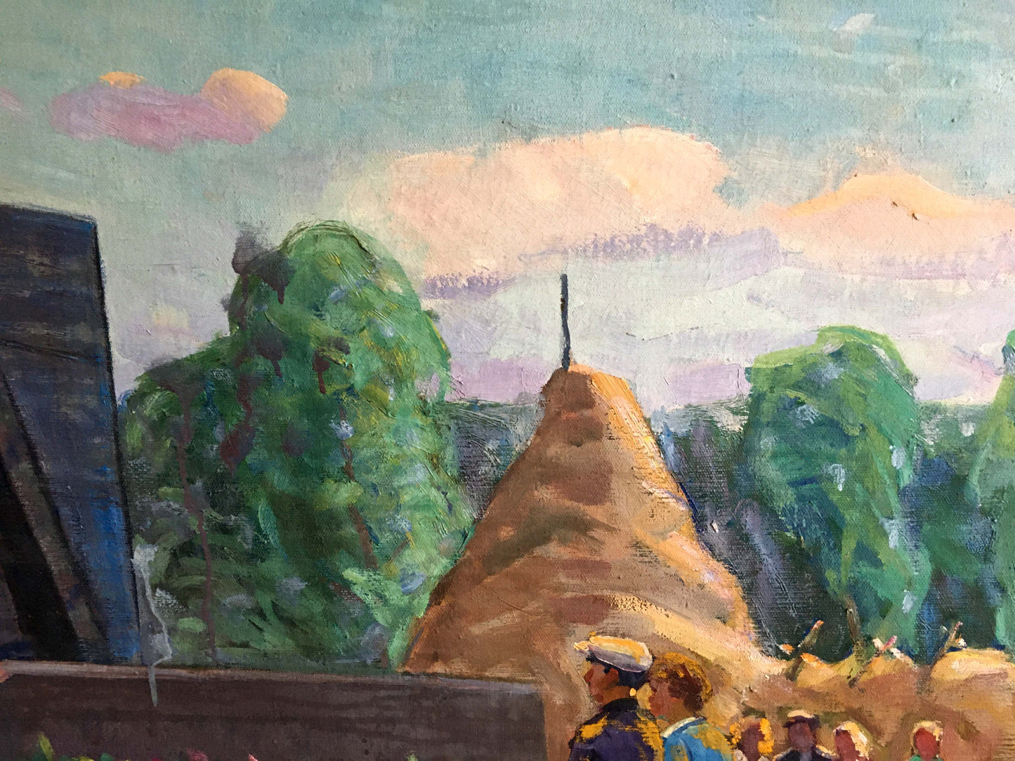 Oil painting At the monument Tyukha Ivan Andreevich: tall conical haystack with dark spike peak
