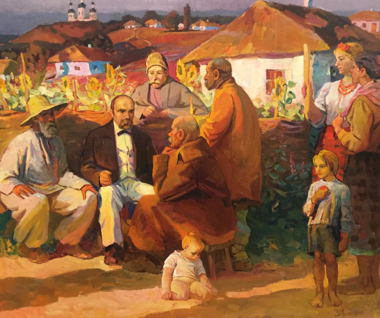 Oil painting Evening gatherings of rural village villagers in traditional attire