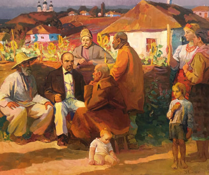 Oil painting Evening gatherings of rural village villagers in traditional attire