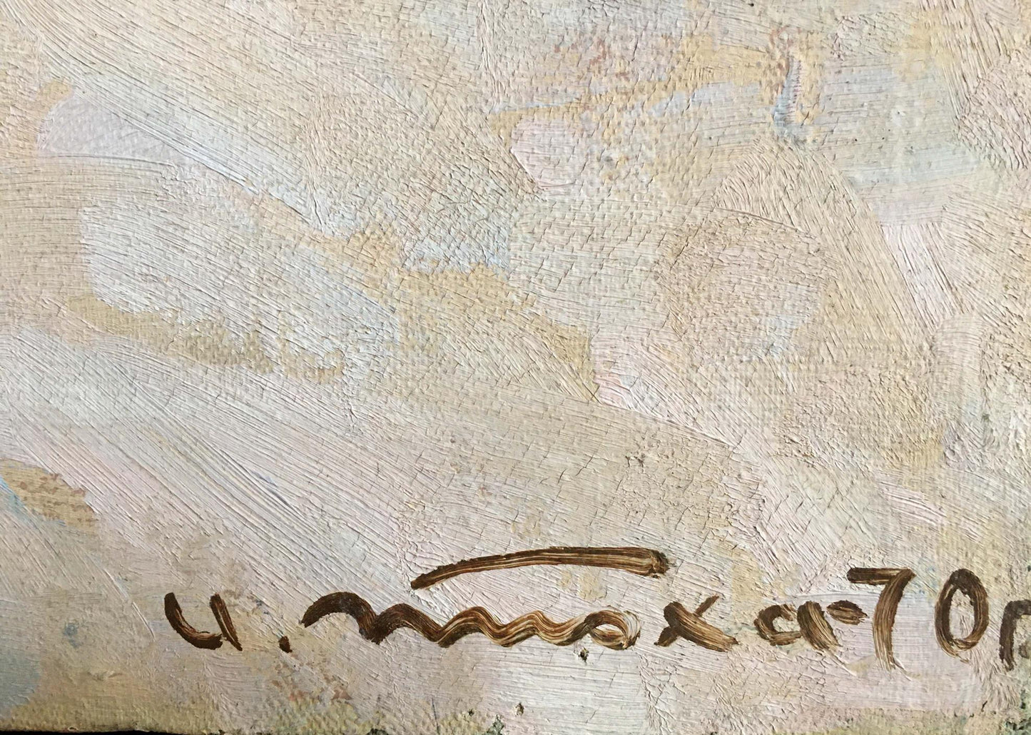 Back of oil painting At the monument by Tyukha Ivan Andreevich, brown signature on textured off-white canvas