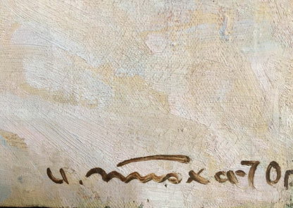 Back of oil painting At the monument by Tyukha Ivan Andreevich, brown signature on textured off-white canvas