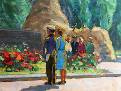 Back view of Tyukha Ivan Andreevich oil painting At the monument with couple and hay bales