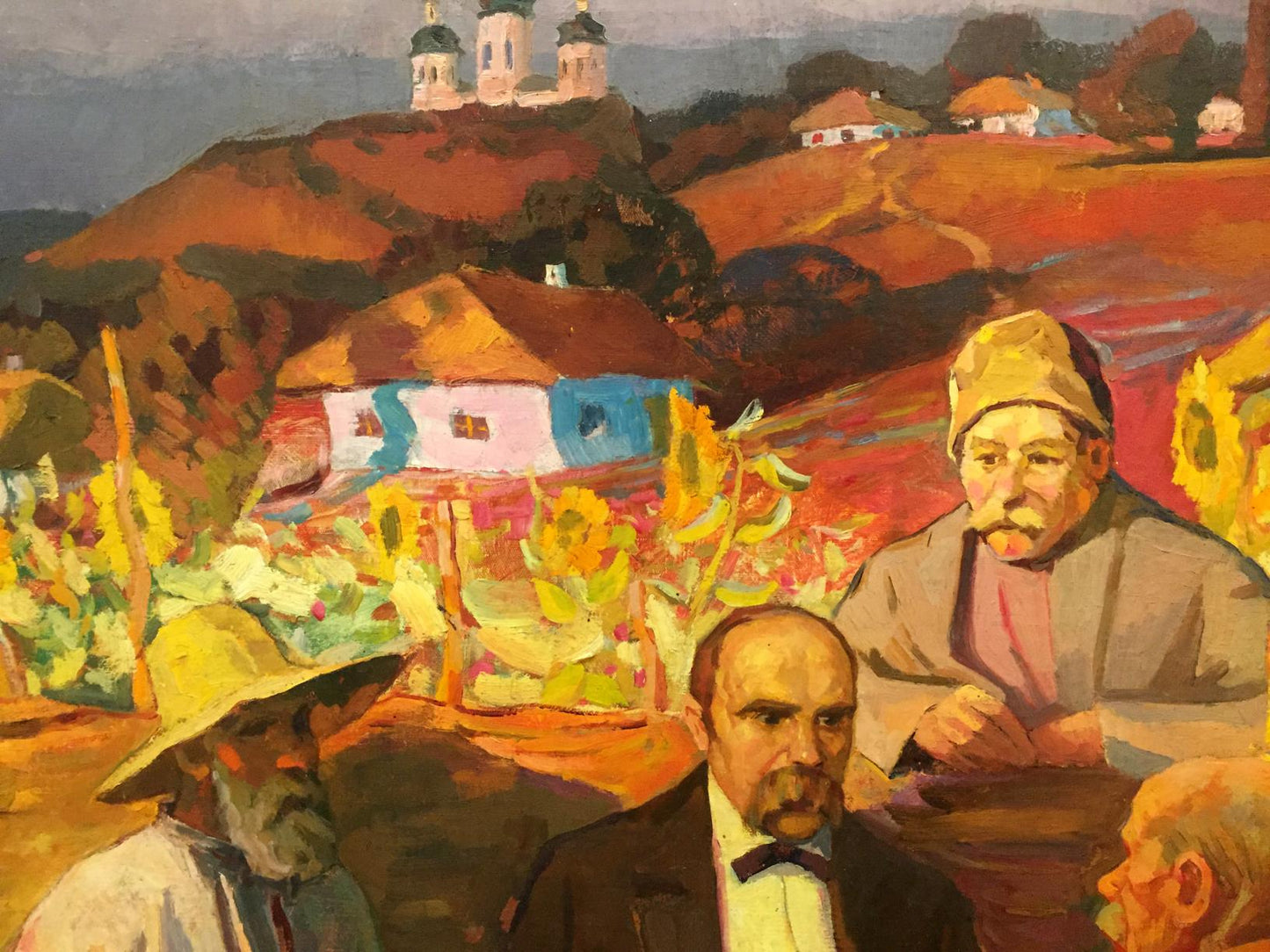 Vibrant impressionistic oil painting of evening rural gatherings with colorful houses