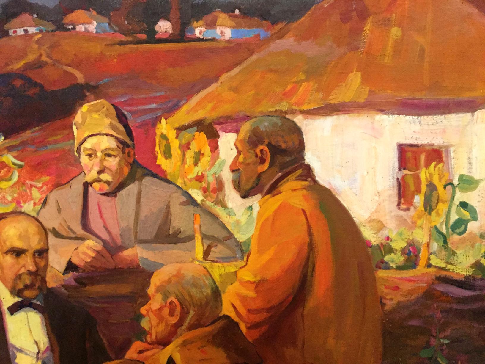 Vibrant impressionist oil painting of evening gathering with three men near thatched house and sunflowers