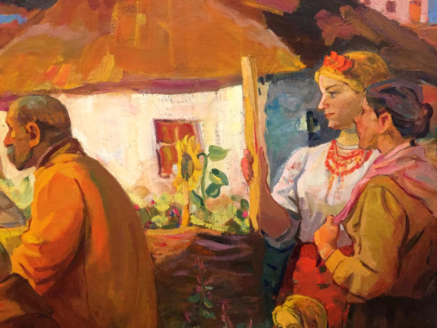 Oil painting Evening gatherings: woman in folk attire by sunflower hut