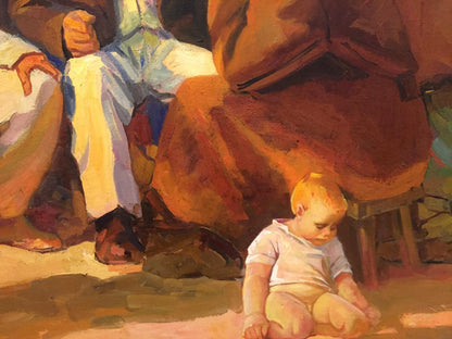 Tender baby with golden hair in white shirt and yellow pants, Evening gatherings oil painting
