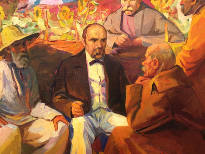 Impressionistic oil painting Evening Gatherings: man in dark suit, bow tie among others