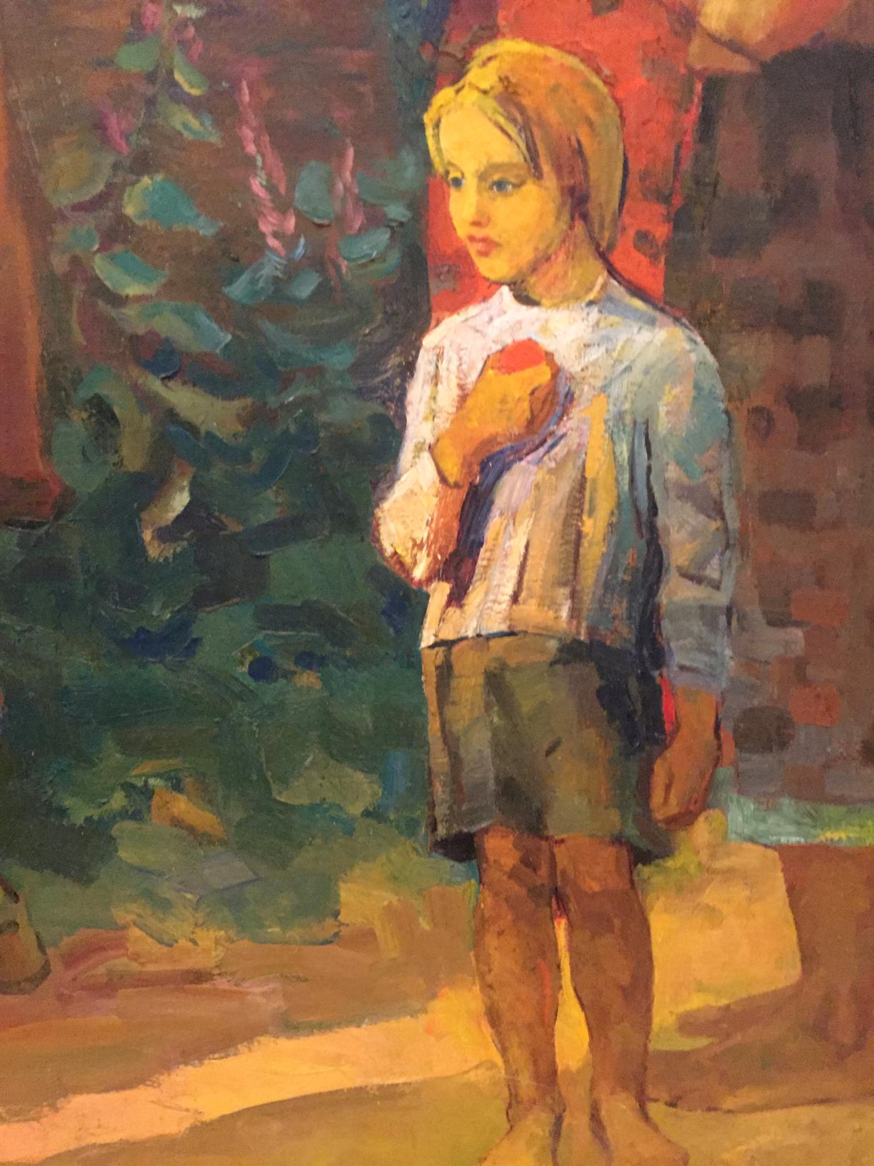 Oil painting Evening gatherings: barefoot girl in blue blouse and green shorts