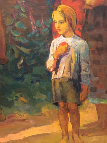 Oil painting Evening gatherings: barefoot girl in blue blouse and green shorts