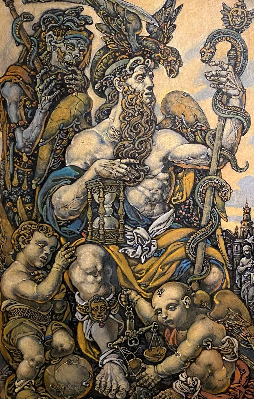 Oil painting Time by Litvinov Oleg Arkad’yevich: muscular bearded god with hourglass