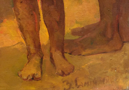 Oil painting Evening Gatherings: warm-toned bare feet on textured ground