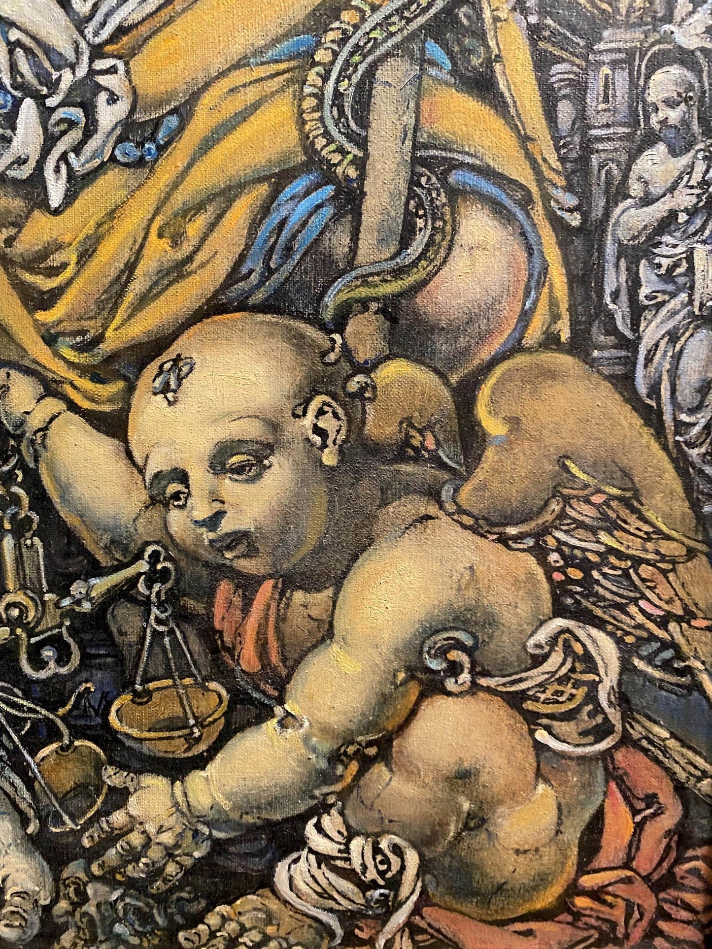 Oil painting by Litvinov Oleg Arkad’yevich of chubby bald cherub with wings, golden armor, scales