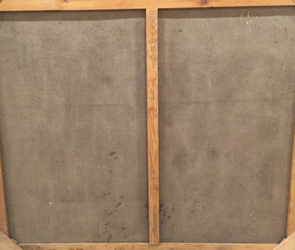 Back of Oil painting Evening gatherings canvas with gray panels and wood grain