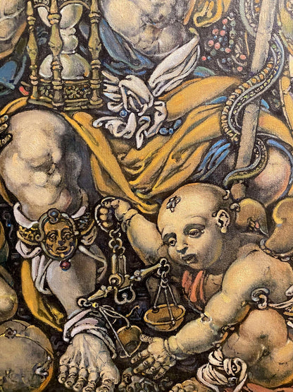 Oil painting by Litvinov Oleg Arkad’yevich: bald child holding ornate golden scale