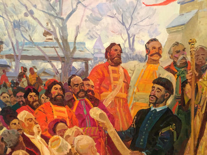 Vibrant oil painting of Cathedral assembly by Samilenko, medieval men in ornate robes
