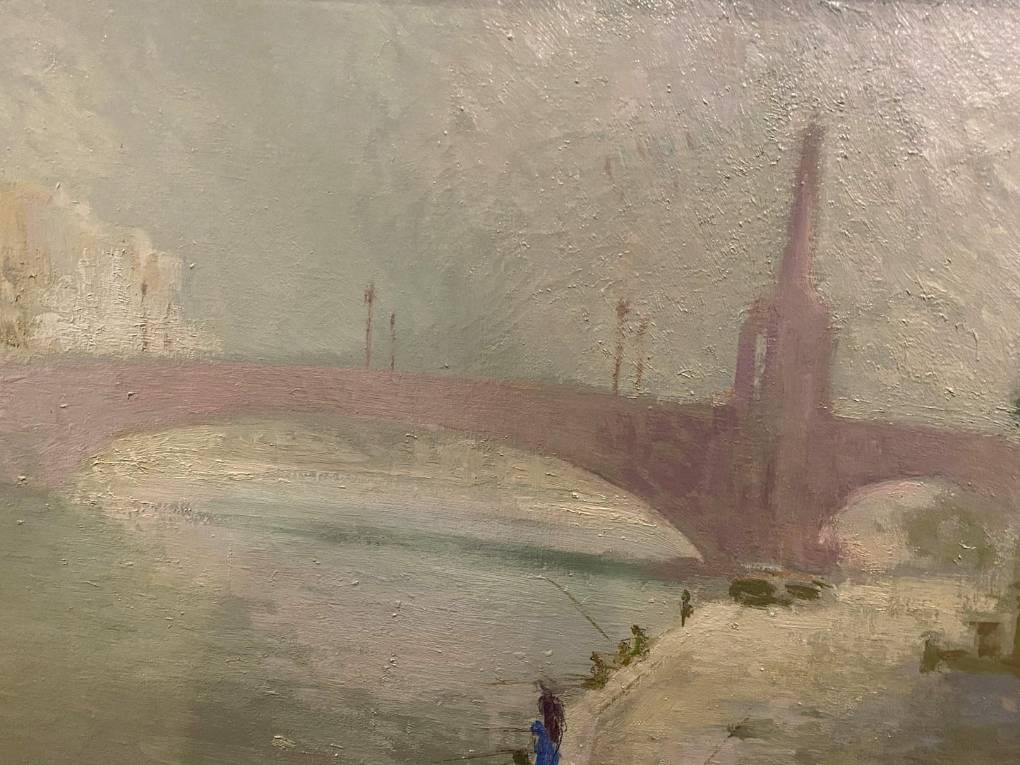 Oil painting by Krichevsky Nikolay Vasilievich: pink stone arch bridge over calm water