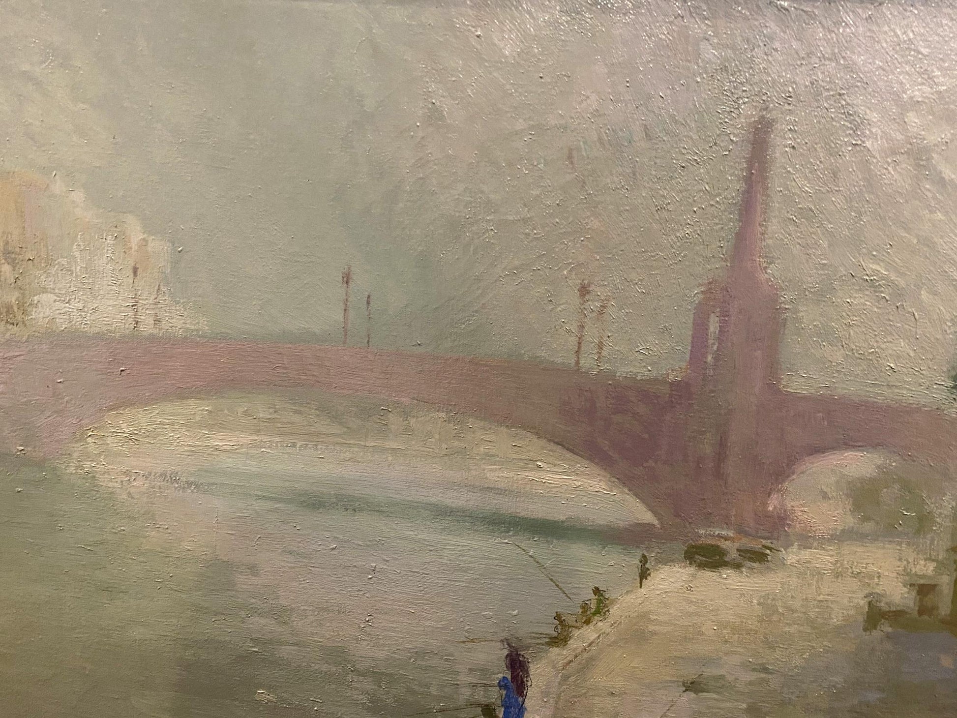 Oil painting by Krichevsky Nikolay Vasilievich: pink stone arch bridge over calm water