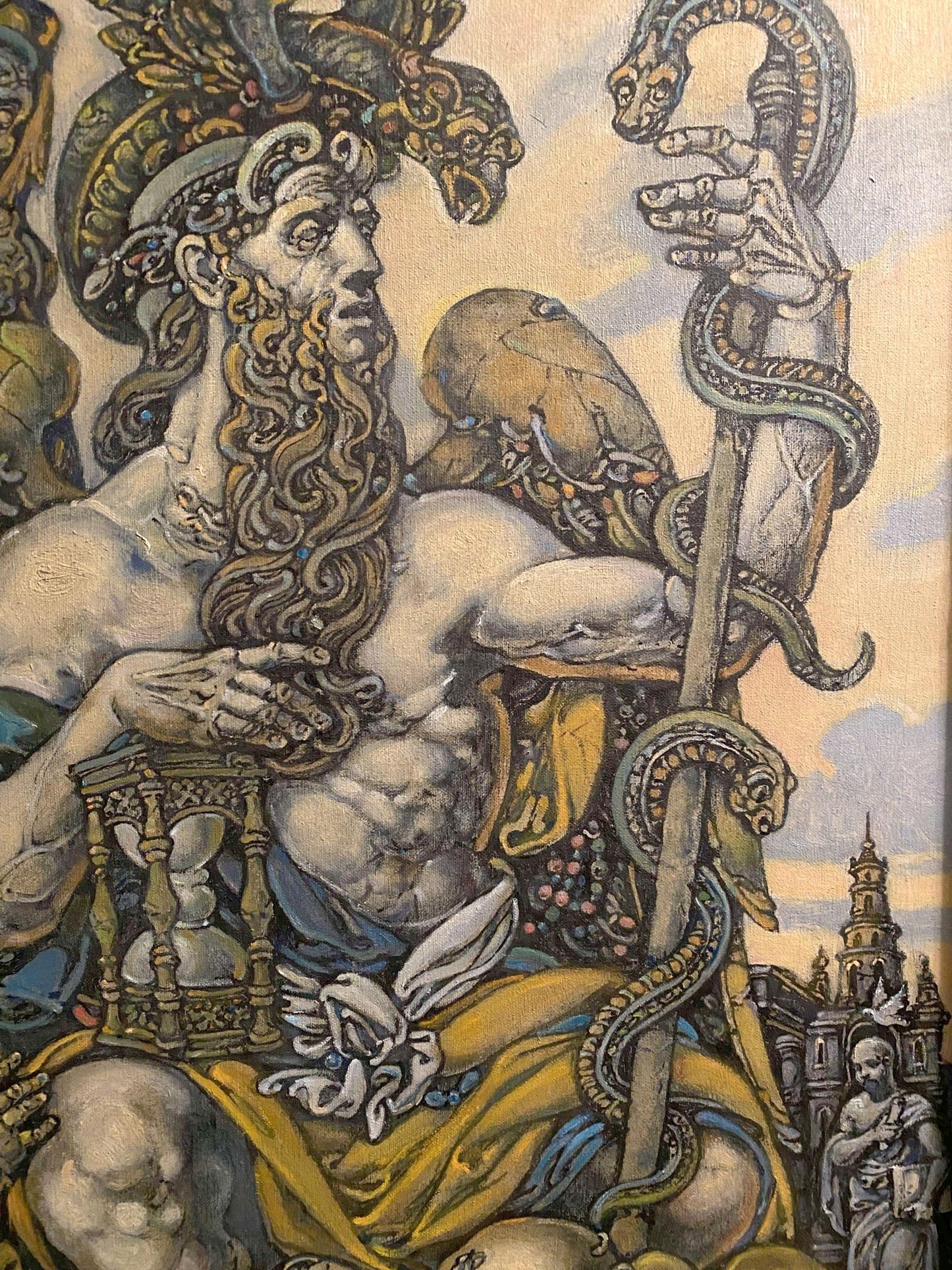 Oil painting by Litvinov Oleg Arkad’yevich: muscular bearded deity on throne