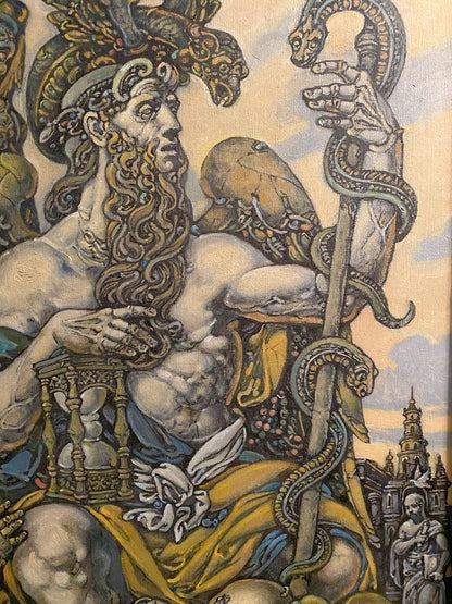Oil painting by Litvinov Oleg Arkad’yevich: muscular bearded deity on throne