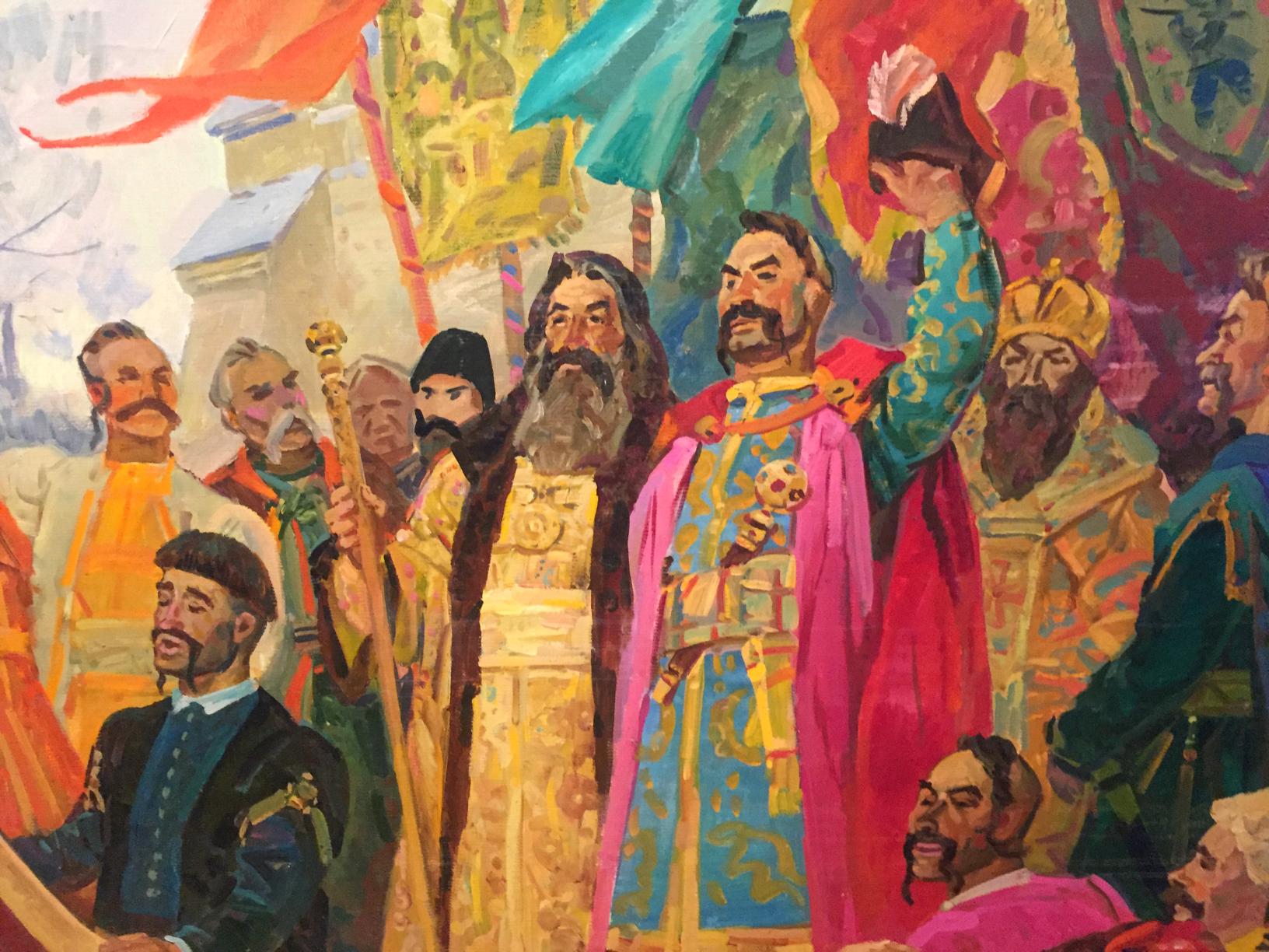 Oil painting of Samilenko cathedral assembly with royal figure in pink blue robe