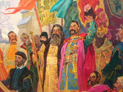 Oil painting of Samilenko cathedral assembly with royal figure in pink blue robe